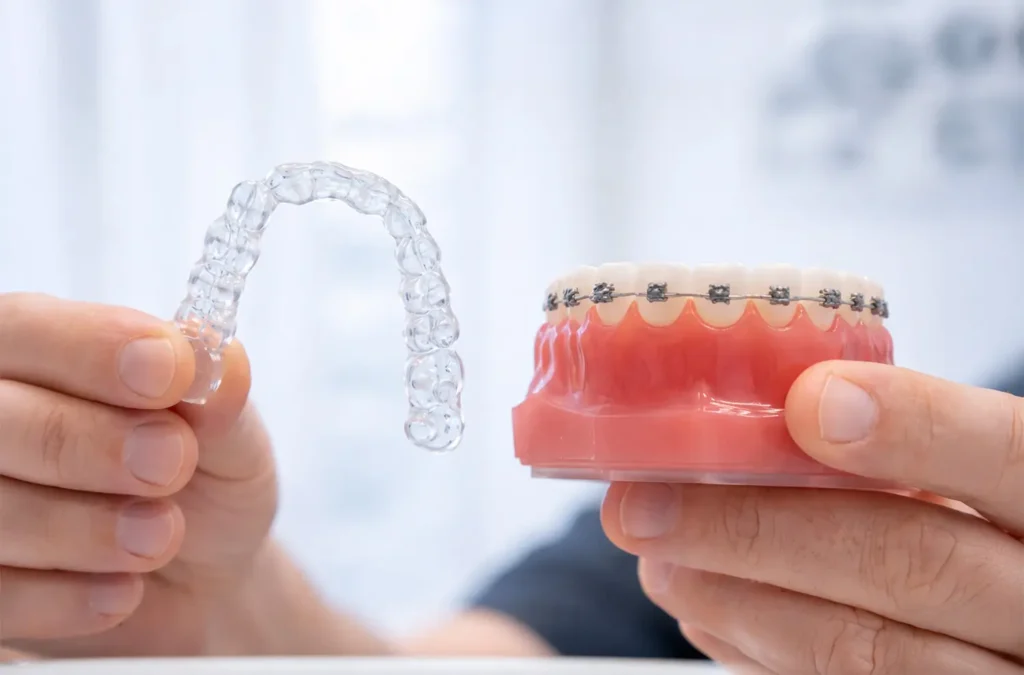 Vergleich transparente Aligner-Zahnschiene und feste Zahnspange mit Brackets – Zahnarzt in Nürnberg, Aligner-Therapie in der Praxisklinik in der Mauthalle